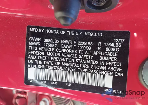 2018 Honda Civic Type R Touring z USA, uszkodzony, nr VIN SHHFK8G76JU201098